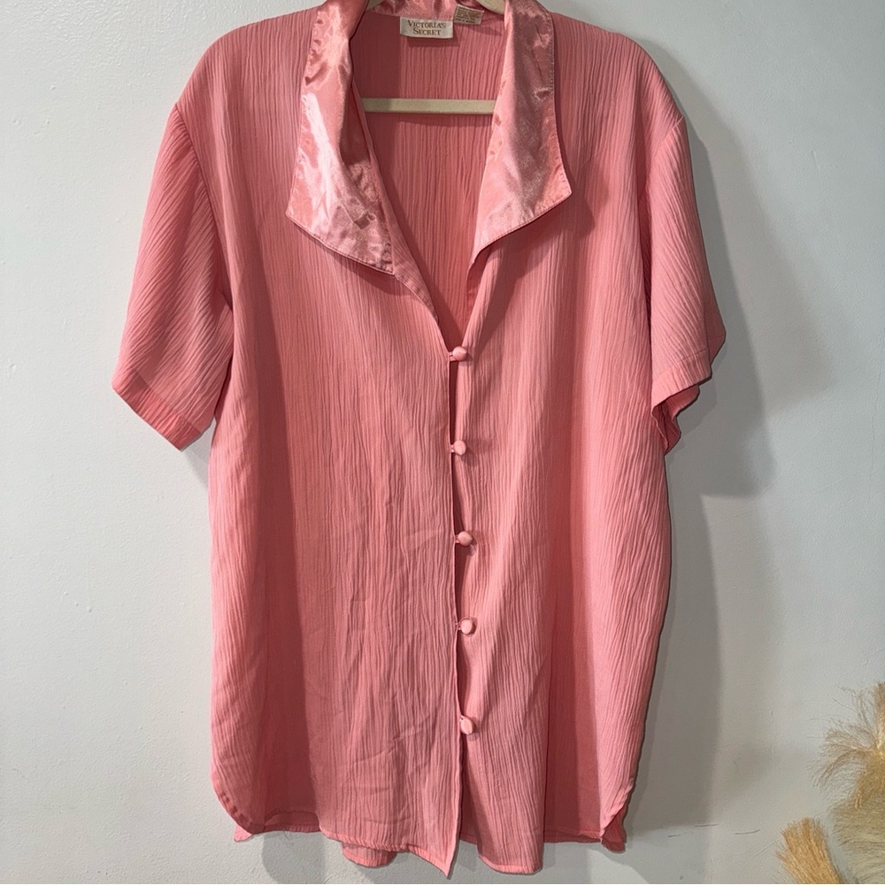 Victoria's Secret Vintage Gold Label Pink Ruched Button-Up Sleep Shirt S Satin